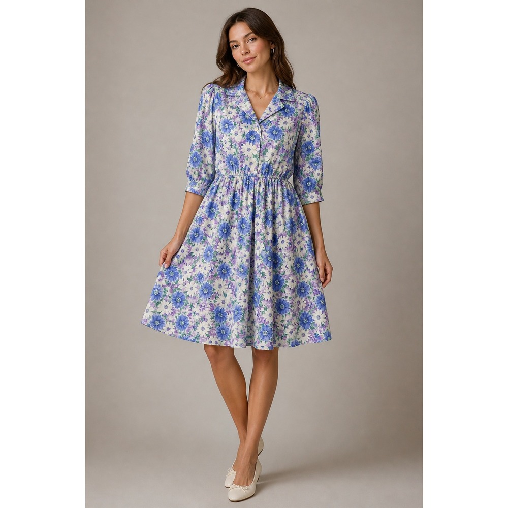 California Looks Floral Midi Dress Cottagecore Retro Boho Purple Blue Poly 8P/M
